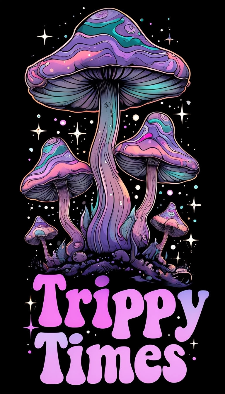 Whimsical Colorful Mushrooms with Trippy Times Text Mobile Wallpaper