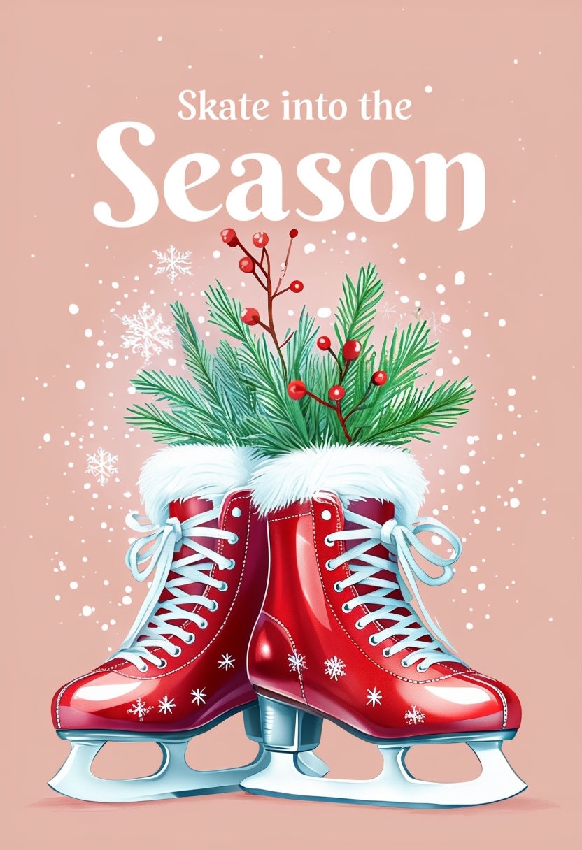 Whimsical Red Ice Skates with Snowflakes Holiday Card and Invite