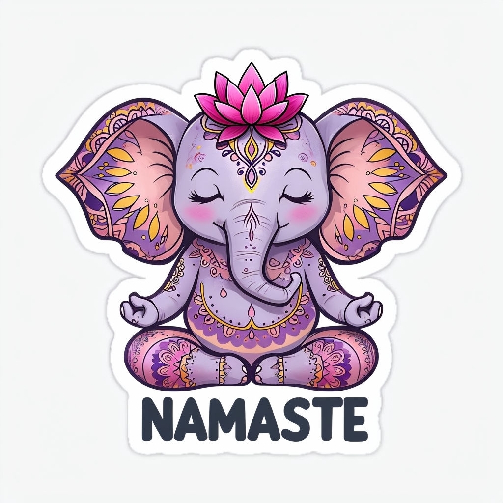 Meditative Elephant with Lotus Flower and Namaste Sticker