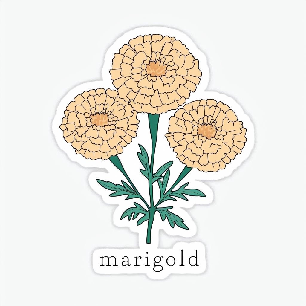 Gold Marigold Line Art with Green Leaves Sticker