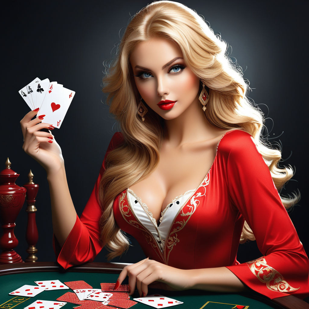 full body the art of beautiful sexy woman, red, blond long hair , romantic motifs, lovely, shiny eyes,  spades playing skat whit card in her hand