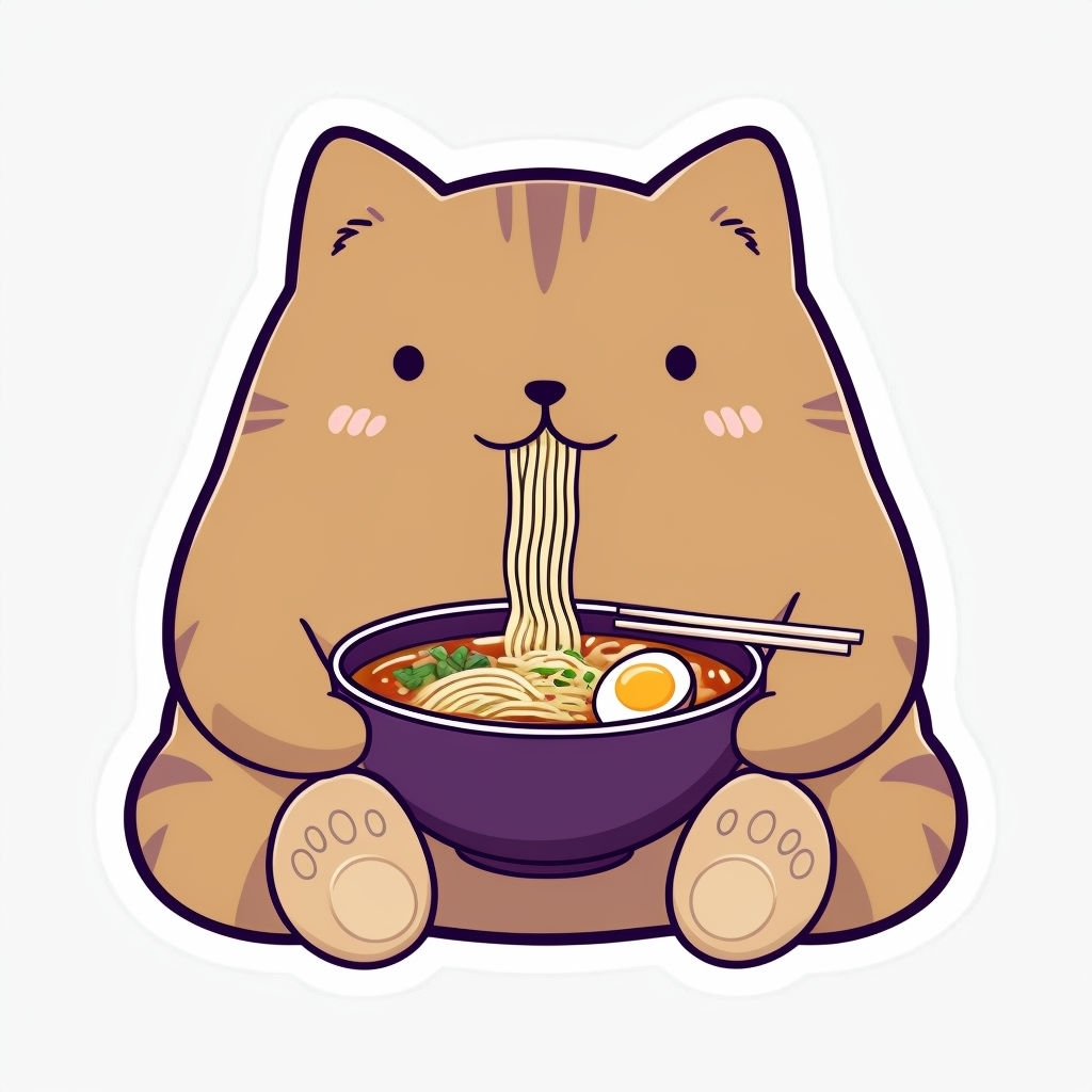 Cute Cartoon Giant Cat Enjoying Ramen Sticker