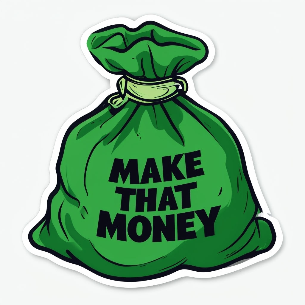 Motivational Cartoon Green Money Bag Sticker Design