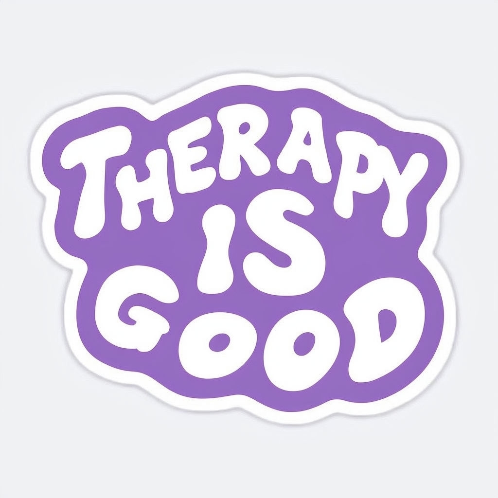 Playful Therapy Is Good Cartoon Sticker with Vibrant Lavender Background