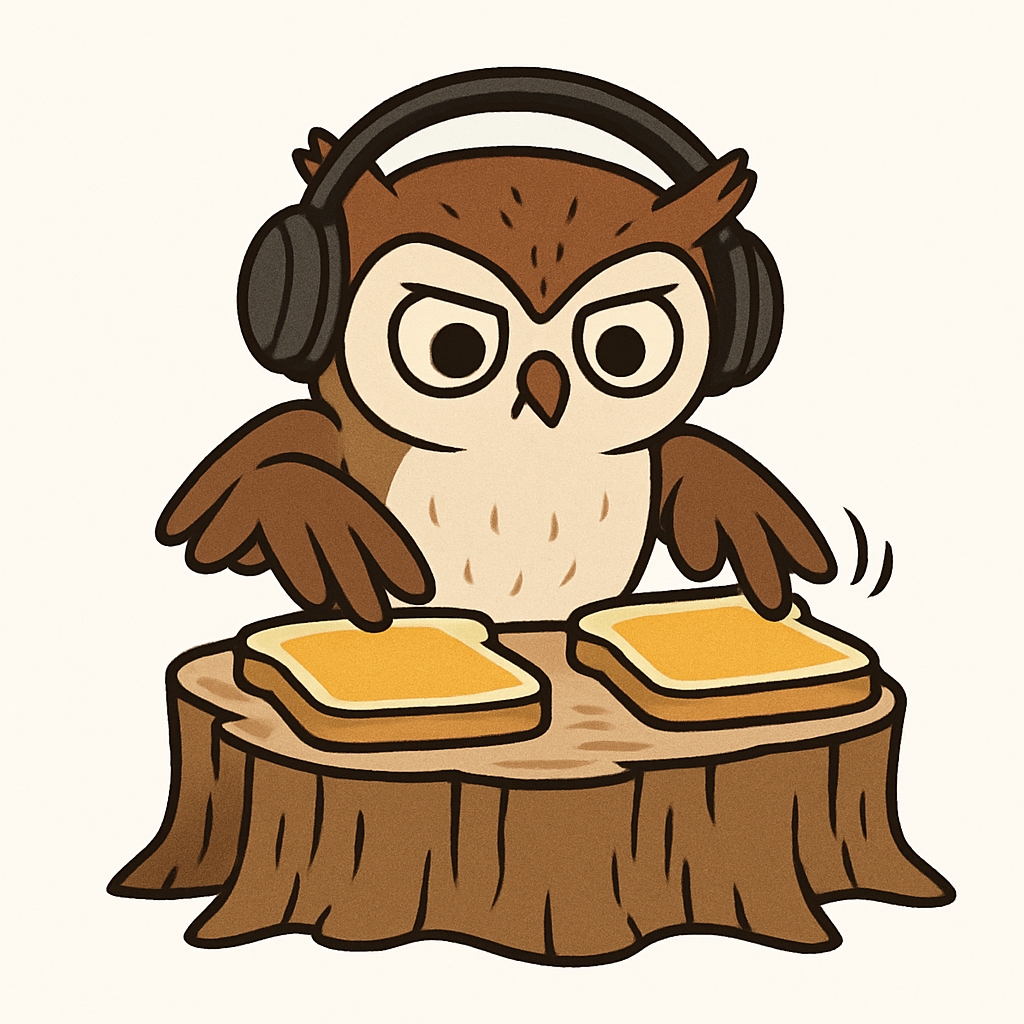 Whimsical Cartoon Owl DJ with Toast Stickers