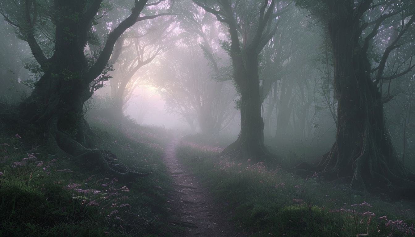 Serene Misty Forest Path at Dawn Virtual Background