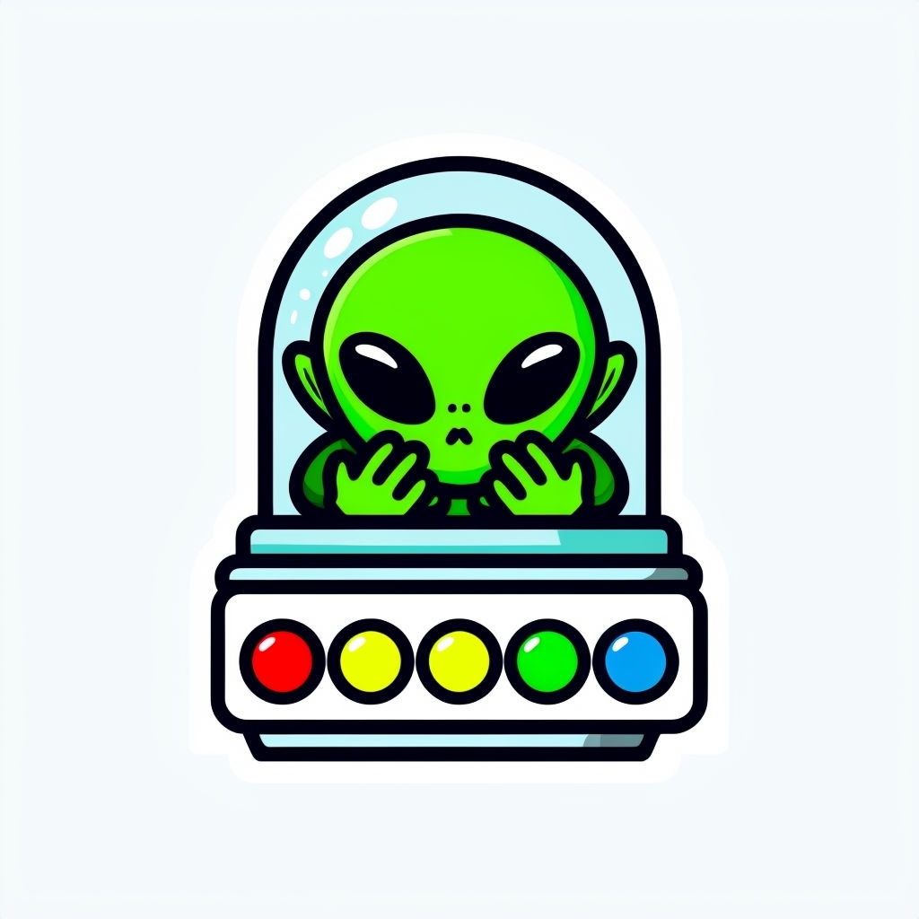 Playful Green Alien in Glass Dome Cartoon Sticker