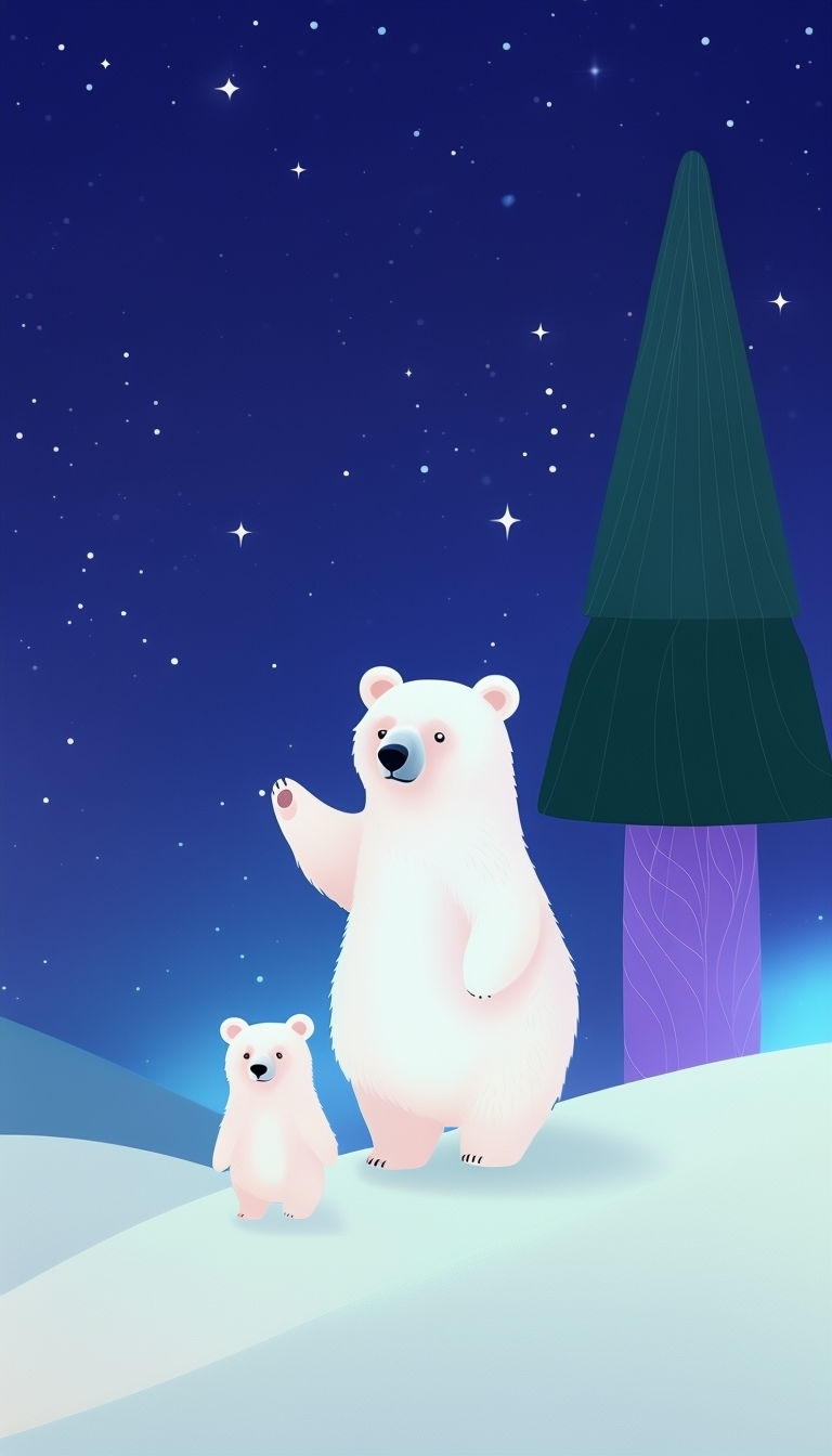 Cartoon Polar Bears Against Starry Night Sky Mobile Wallpaper