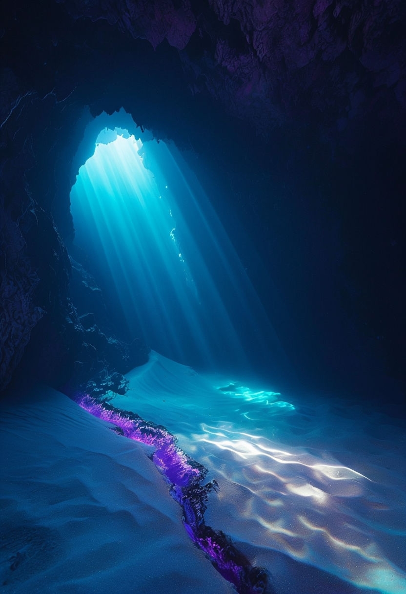 Mysterious Underwater Cave with Dramatic Light Beams Art