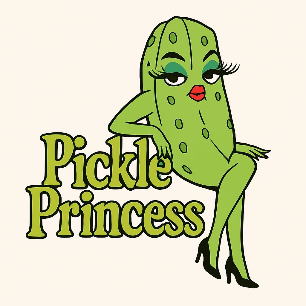 Playful Anthropomorphic Pickle Princess Cartoon Sticker