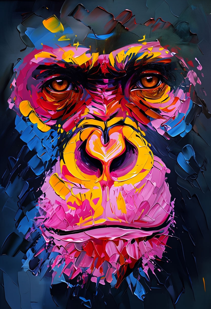 Vibrant Expressive Ape Face Oil Painting with Bold Textures Art