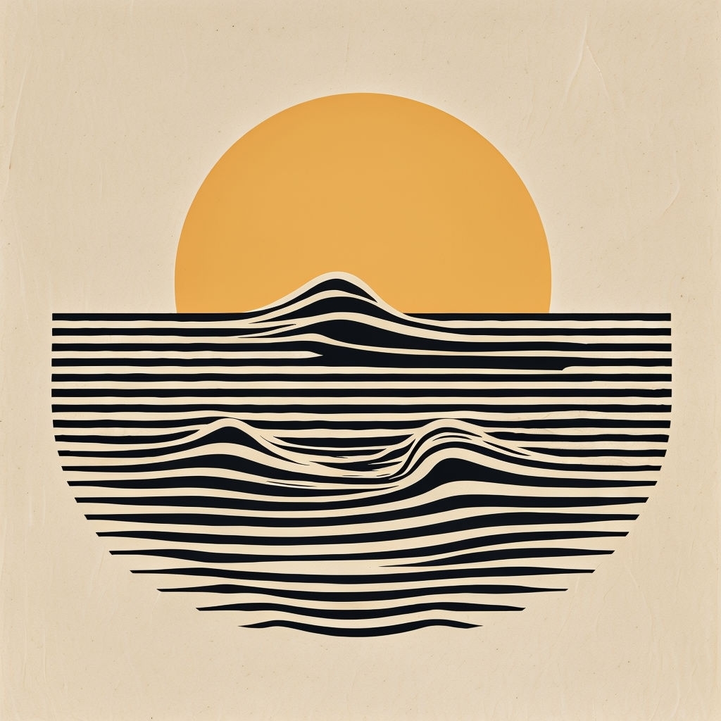 Amber Yellow Sun and Black Waves Minimalist Art Poster