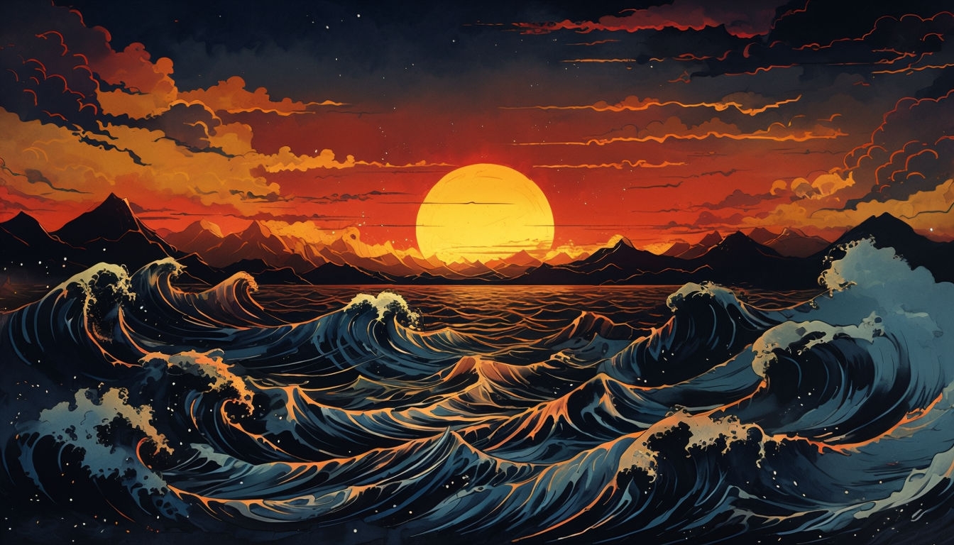 Dramatic Sunset Over Turbulent Seas Digital Art Background