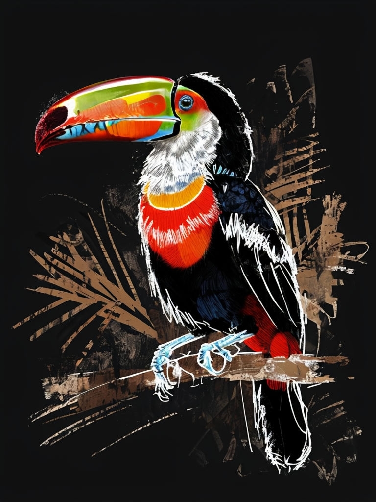 Vibrant Tropical Toucan Digital Illustration on Black Background Art