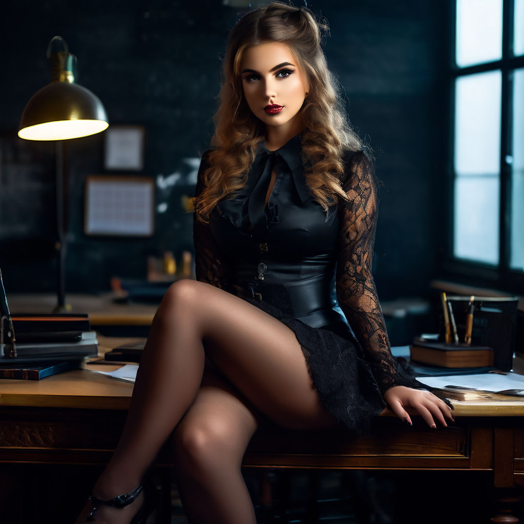 Medium-Long-Shot Fine-Art Photograph of ((Beautiful Sexy Bosomy Portuguese-Slavic  Young Female Secretary))