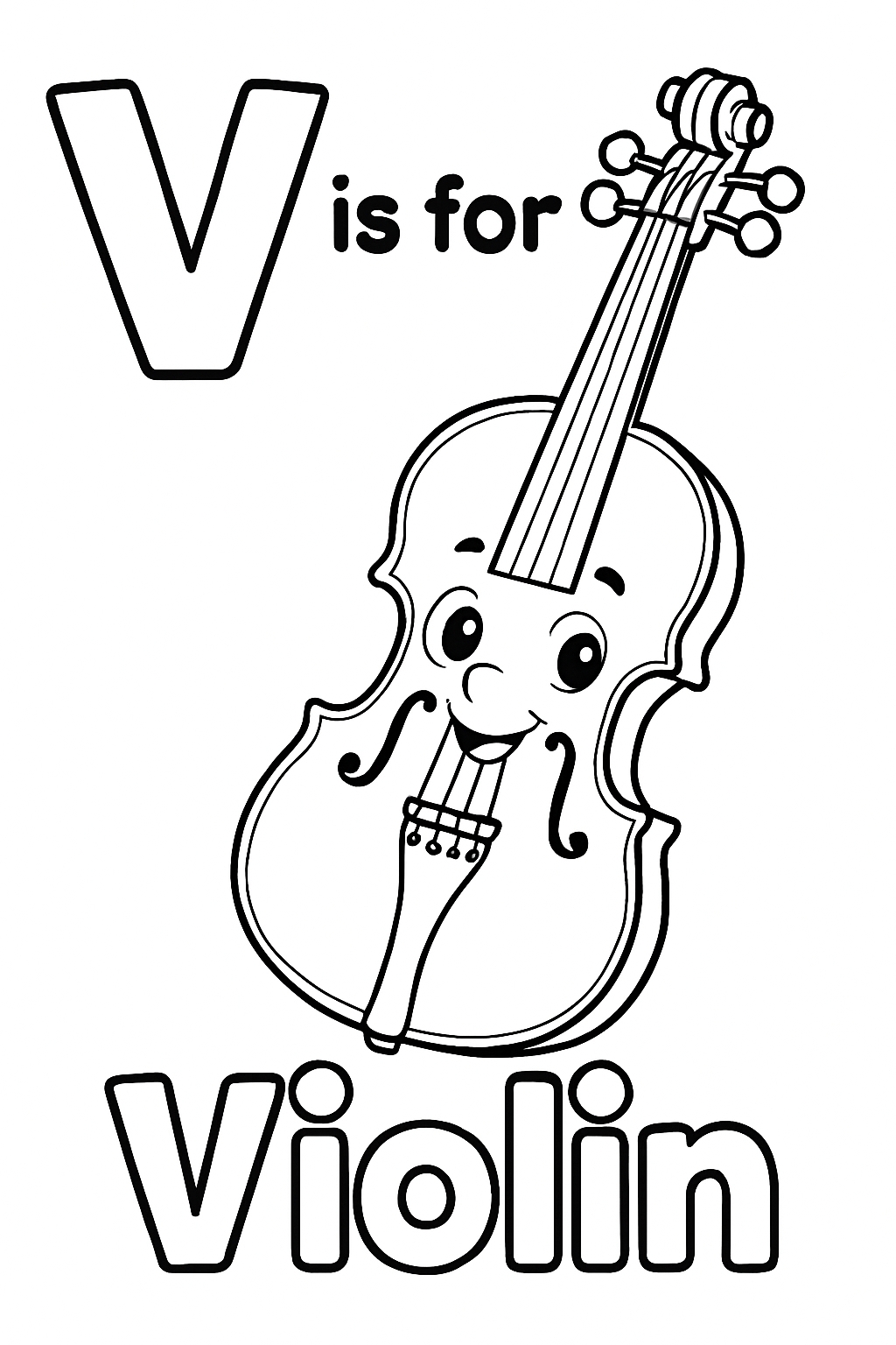 Playful Cartoon Violin with Letter V Coloring Page