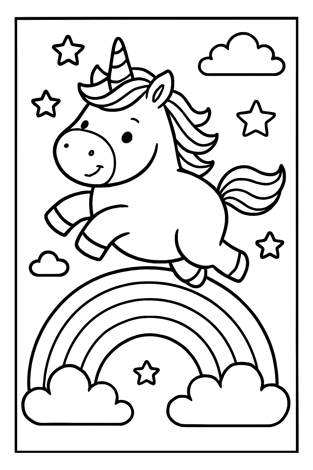 Joyful Cartoon Unicorn Jumping Over Rainbow Coloring Page