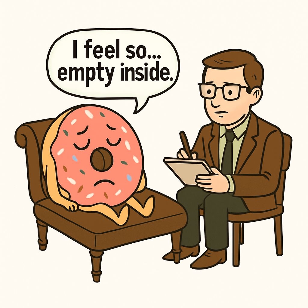 Humorous Pink Donut Therapy Session Cartoon Sticker