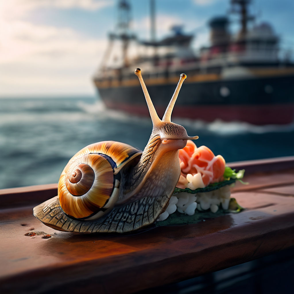 A smiling snail eats sushi on a ship in the Pacific Ocean by Sushi Time ...