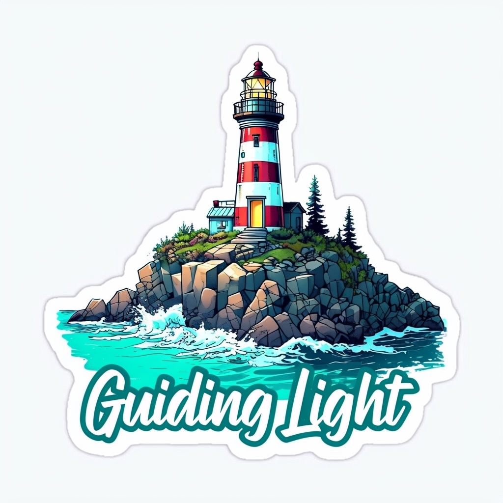 Vibrant Cartoon Lighthouse Sticker with Guiding Light Text