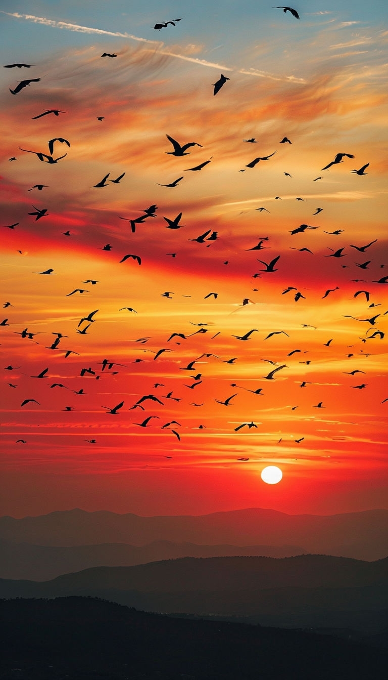 Majestic Sunset with Flock of Birds in Vibrant Sky Mobile Wallpaper