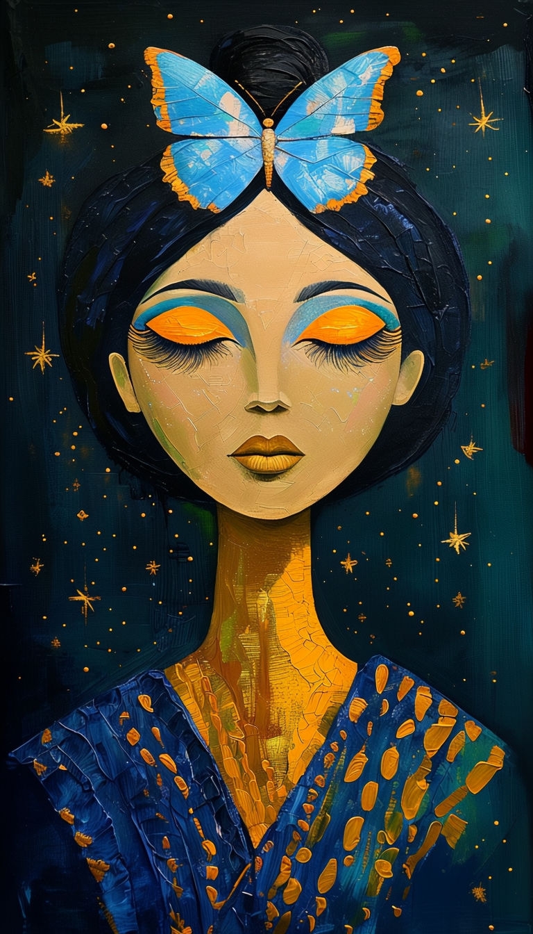 Serene Figure with Oversized Head and Butterfly Art