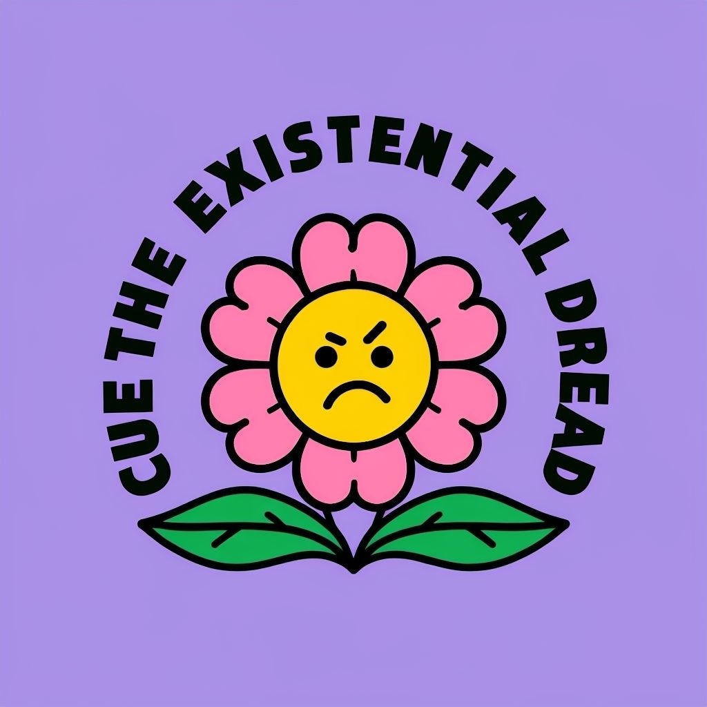 Whimsical Cartoon Flower with Existential Dread Text T-Shirt