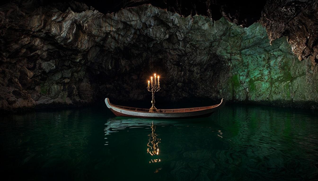 Serene Candlelit Cave Boat Scene in Italy Virtual Background