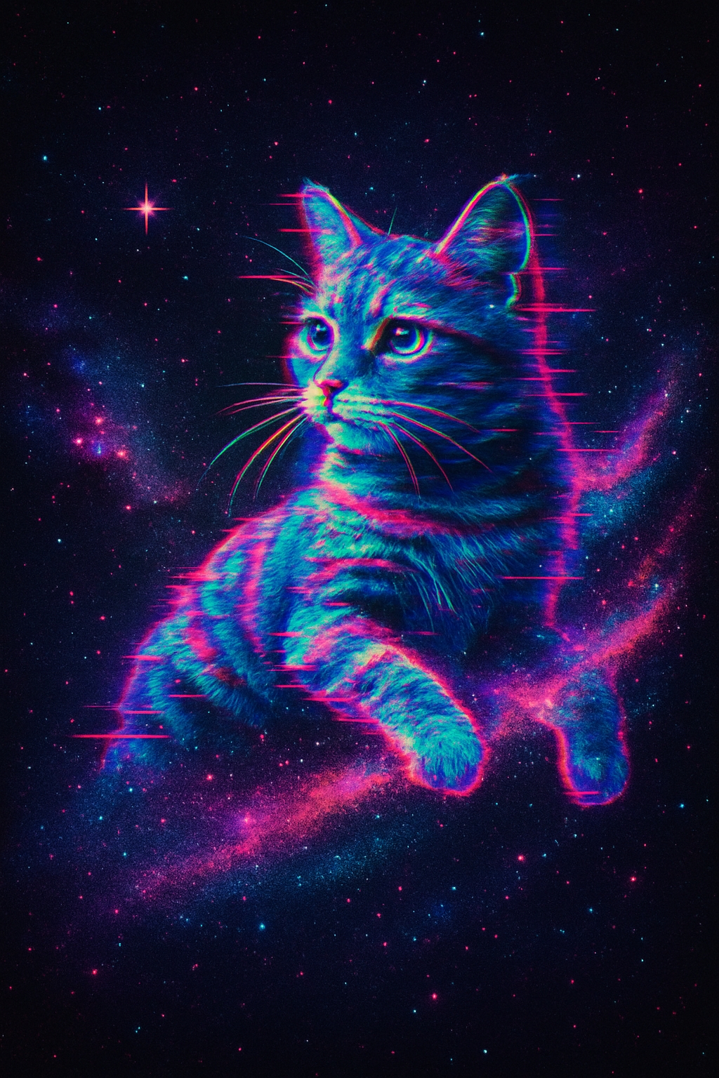 Surreal Neon Tabby Cat in Cosmic Space T-Shirt