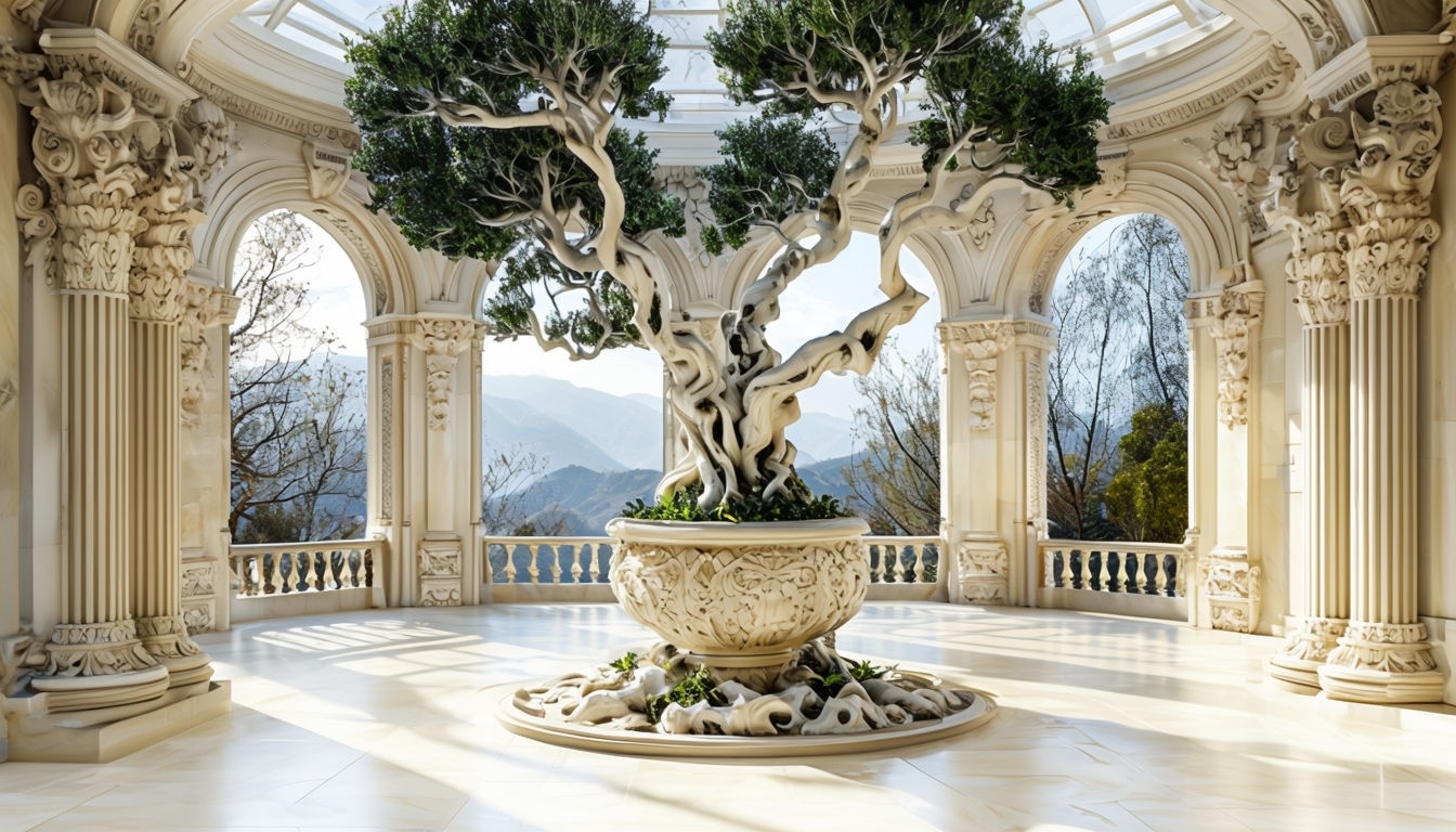 Elegant Neoclassical Architectural Virtual Background with Tree