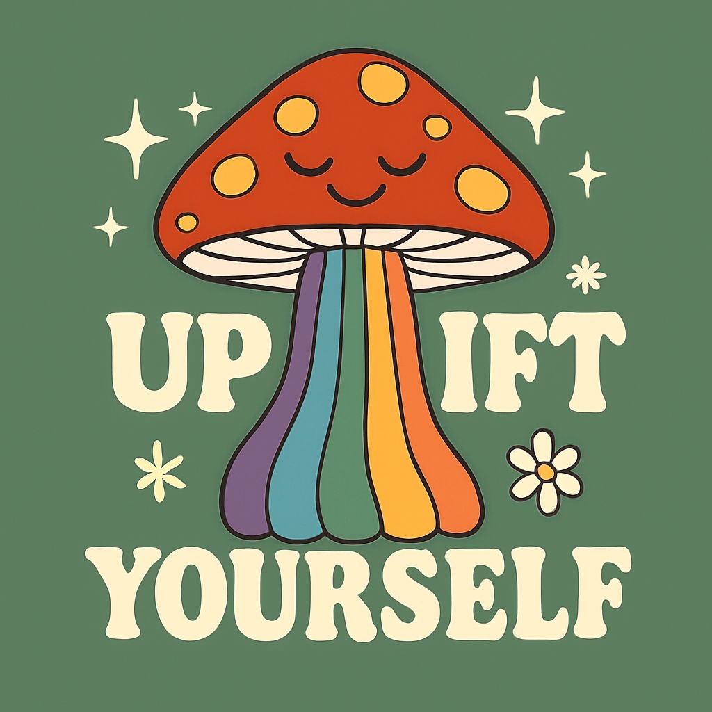 Cheerful Mushroom with Rainbow Stripes and Uplifting Message T-Shirt