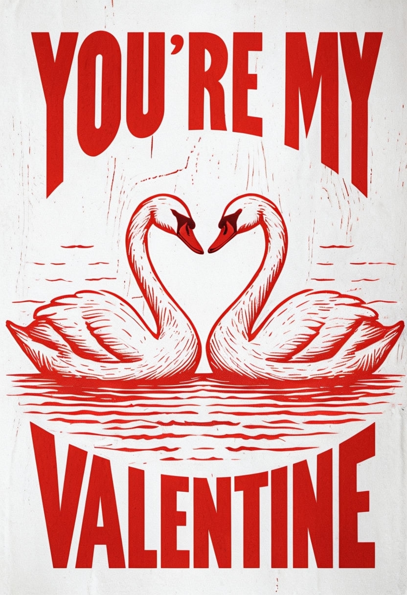 Minimalist Red and White Swans Heart Valentine Card Design