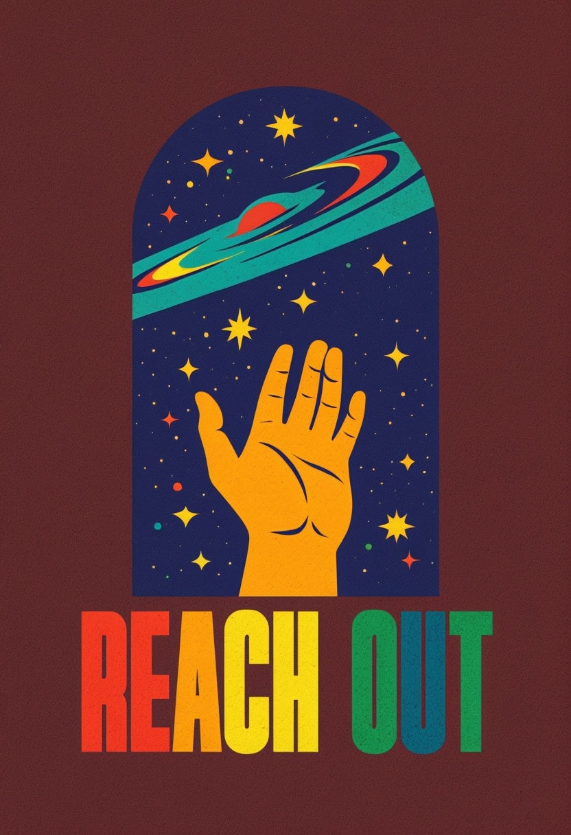 Bold Retro Reach Out Cosmic Hand Illustration Poster