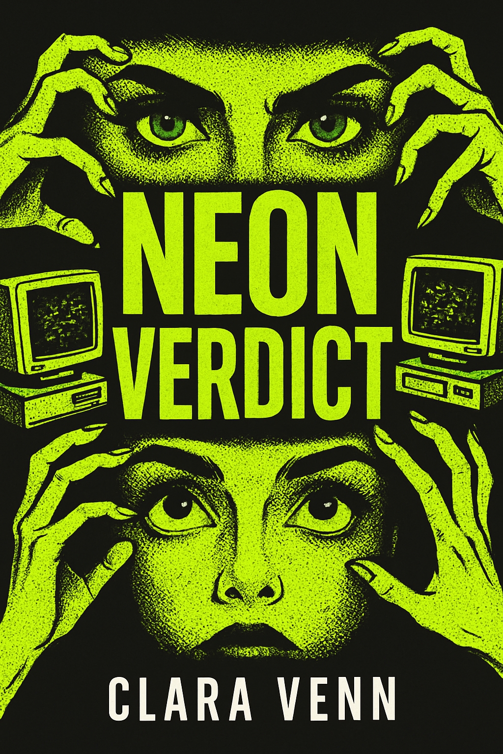 Striking Neon Verdict Artwork Featuring Intense Eyes and Hands EBook Cover
