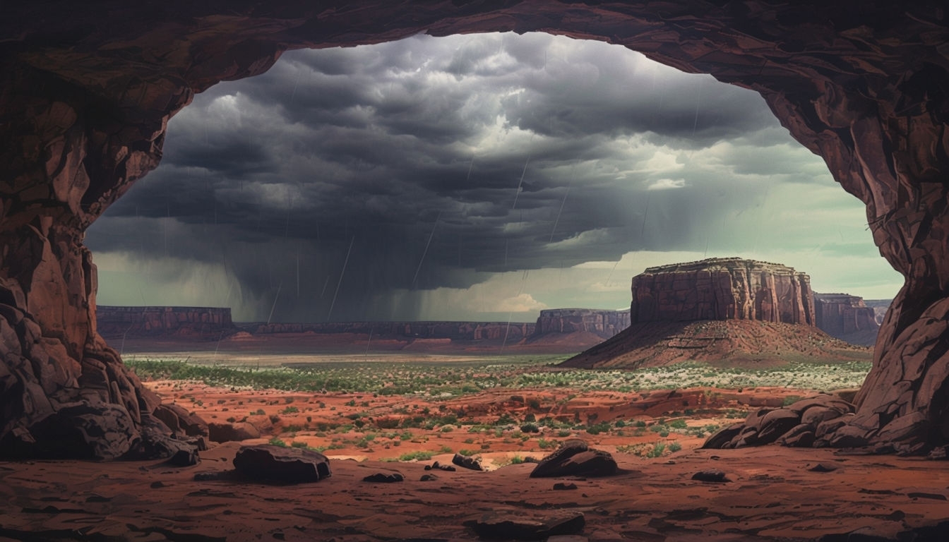 Dramatic Cave Overhang Landscape in Stormy Southwest Background