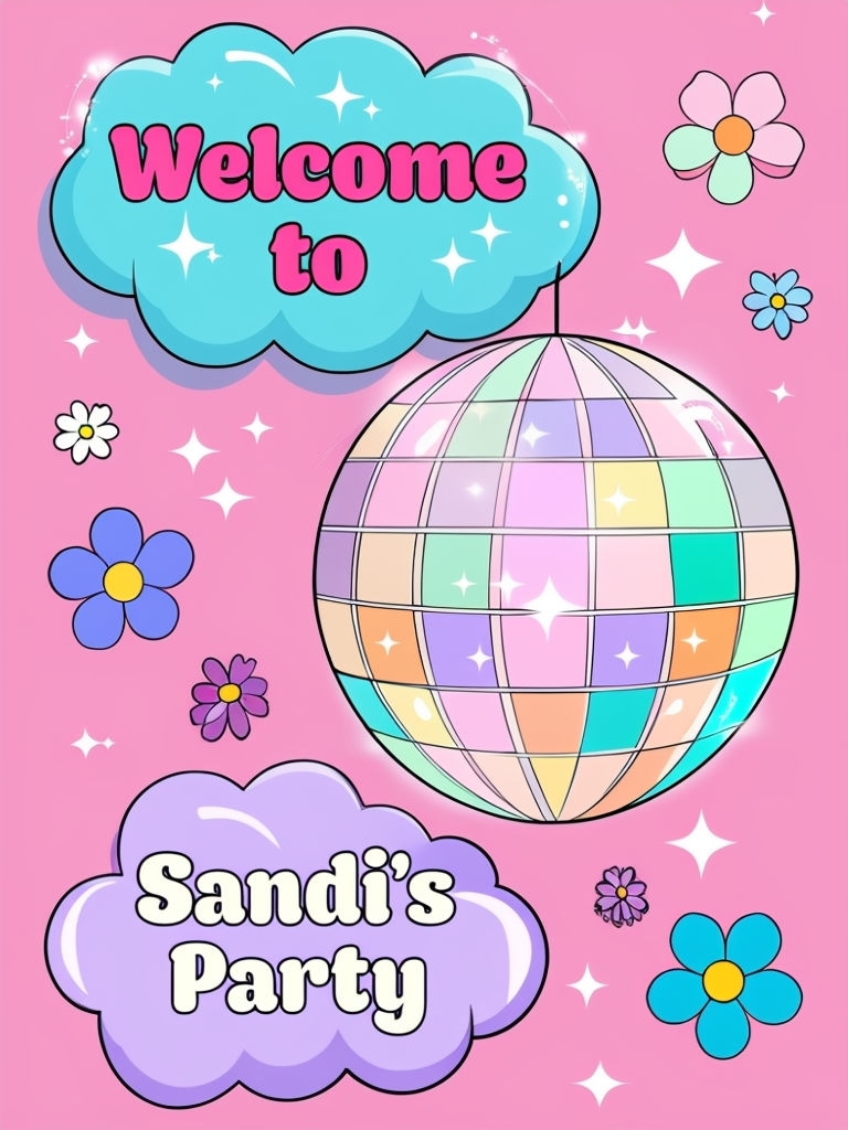 Vibrant Cartoon Welcome to Sandi's Party Disco Ball Event Sign