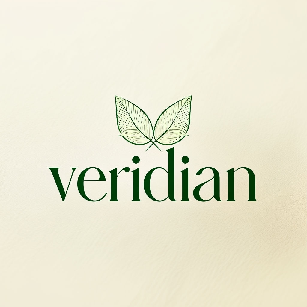 Elegant Veridian Logo with Leaf Emblem in Green and Cream Logo