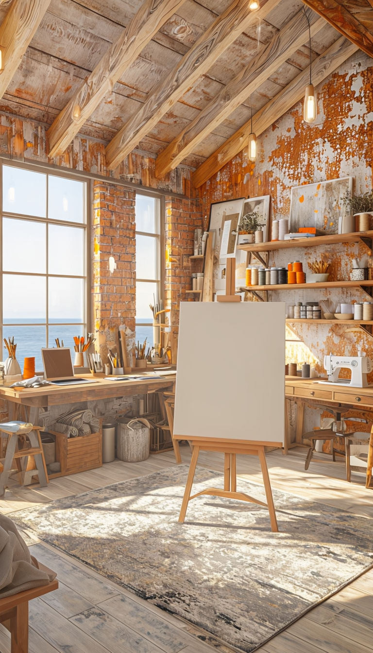 Cozy Modern Rustic Artist Studio Mockup with Natural Light and Ocean View