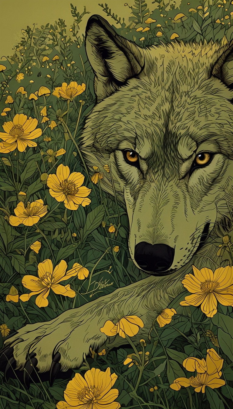 Wolf Among Vibrant Yellow Flowers Illustration Phone Case Cover