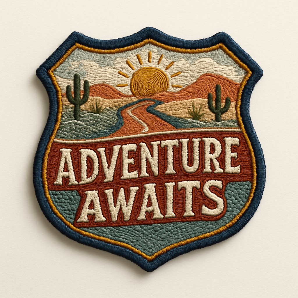 Vibrant Desert Adventure Patch with Inspiring Message for Hats