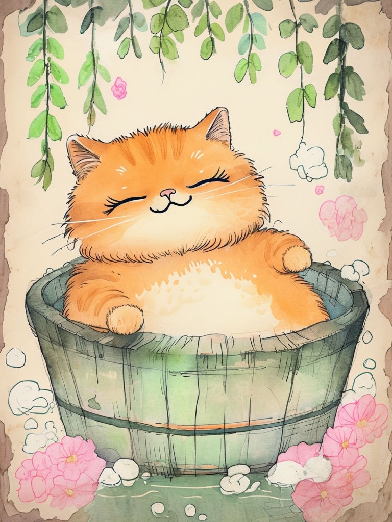 Whimsical Ginger Cat in Wooden Tub Storybook Illustration Art