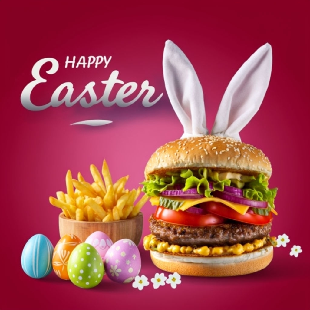 Cheerful Easter Burger and Fries Festive Promotion Social Media Post