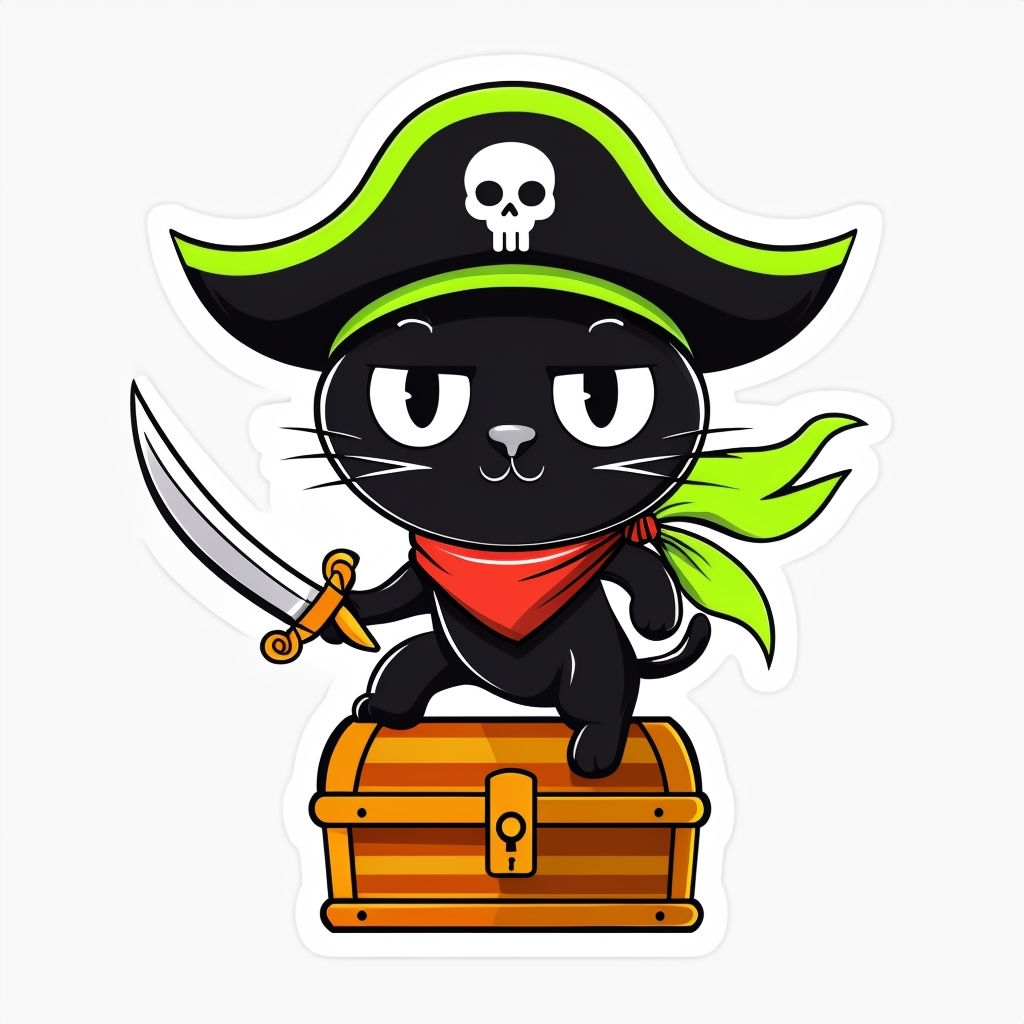 Playful Pirate Cat Cartoon Illustration with Treasure Chest Sticker