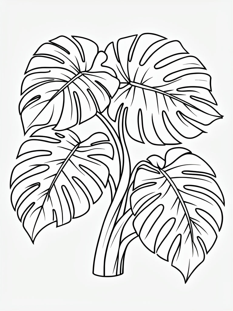 Elegant Black and White Monstera Plant Line Art Coloring Page