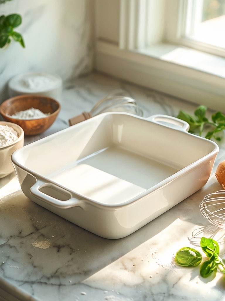 Bright White Ceramic Baking Dish with Fresh Ingredients Art