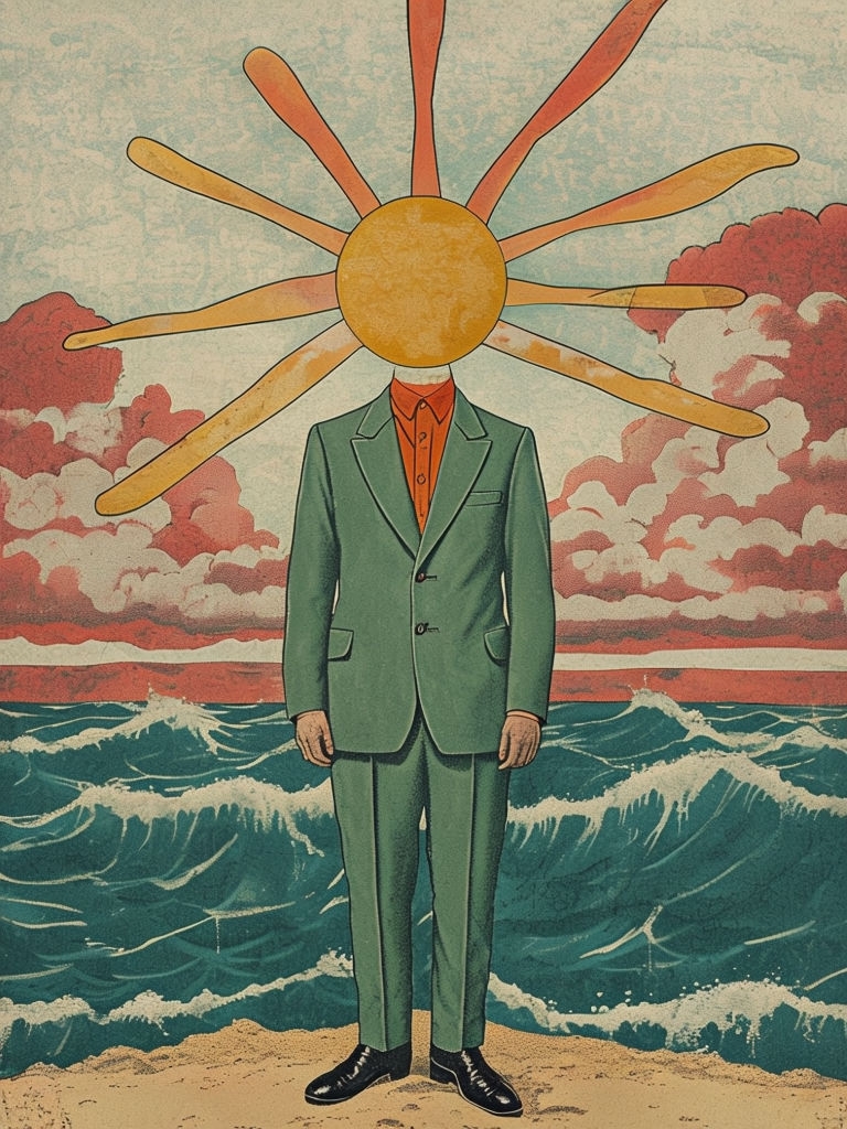 Surreal Man with Sun Head and Ocean Waves Artwork Mobile Wallpaper