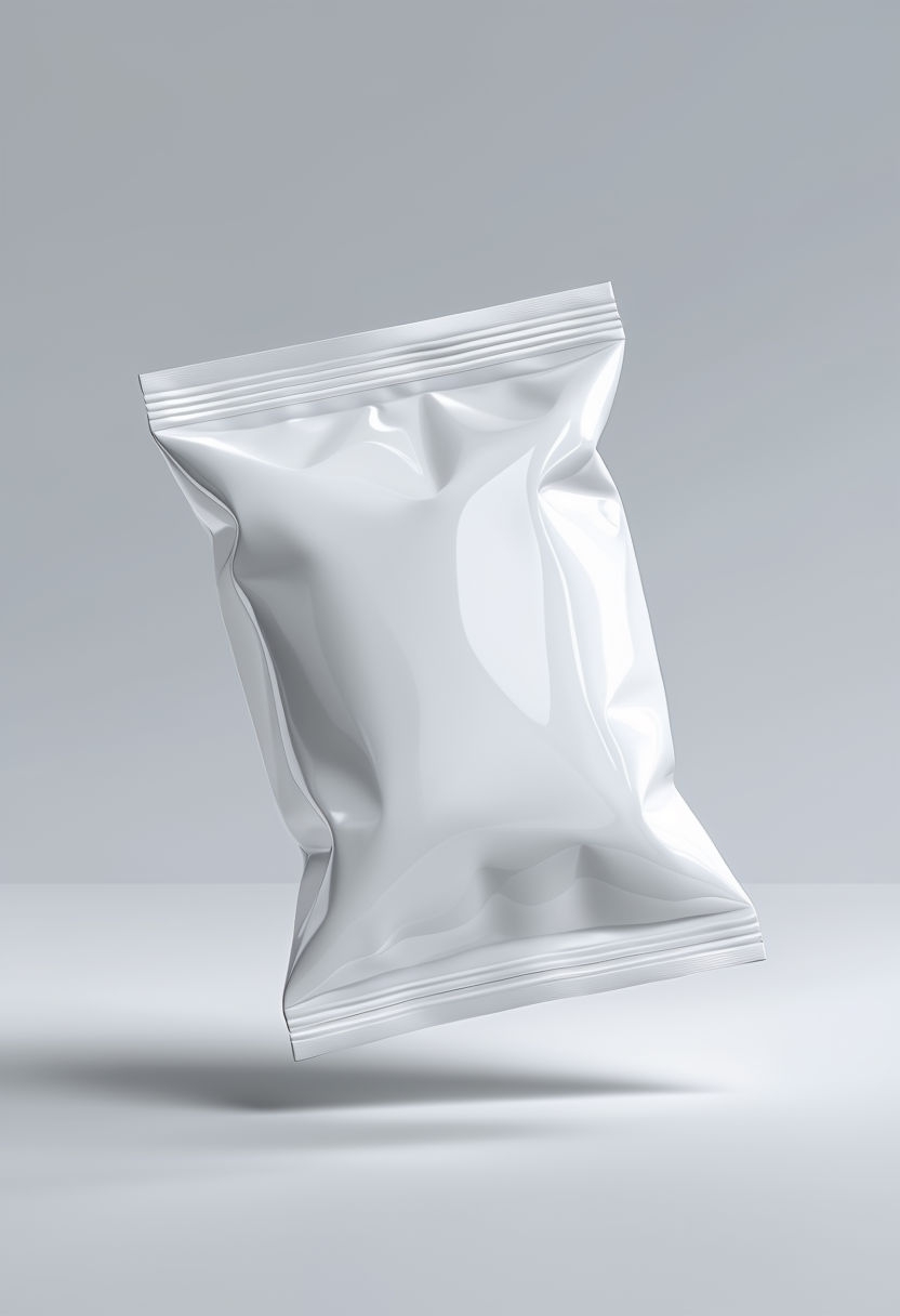 Sleek Glossy White Snack Bag Floating in Minimalist Design Mockup