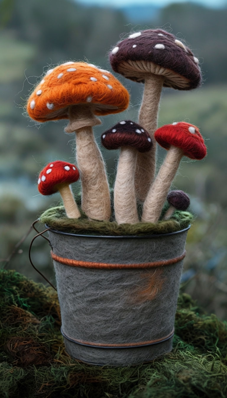 Whimsical Felted Mushroom Craft in Rustic Bucket Art