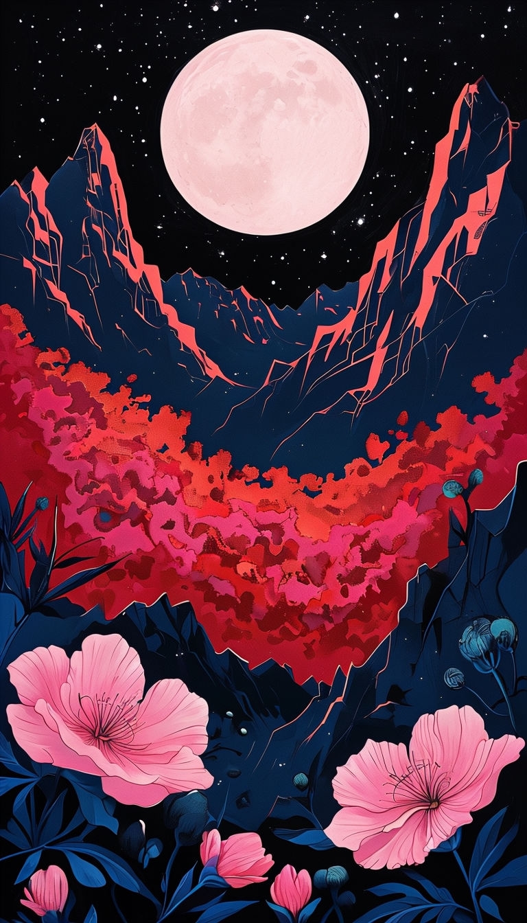 Mystical Night Landscape with Pink Flowers and Moon Mobile Wallpaper