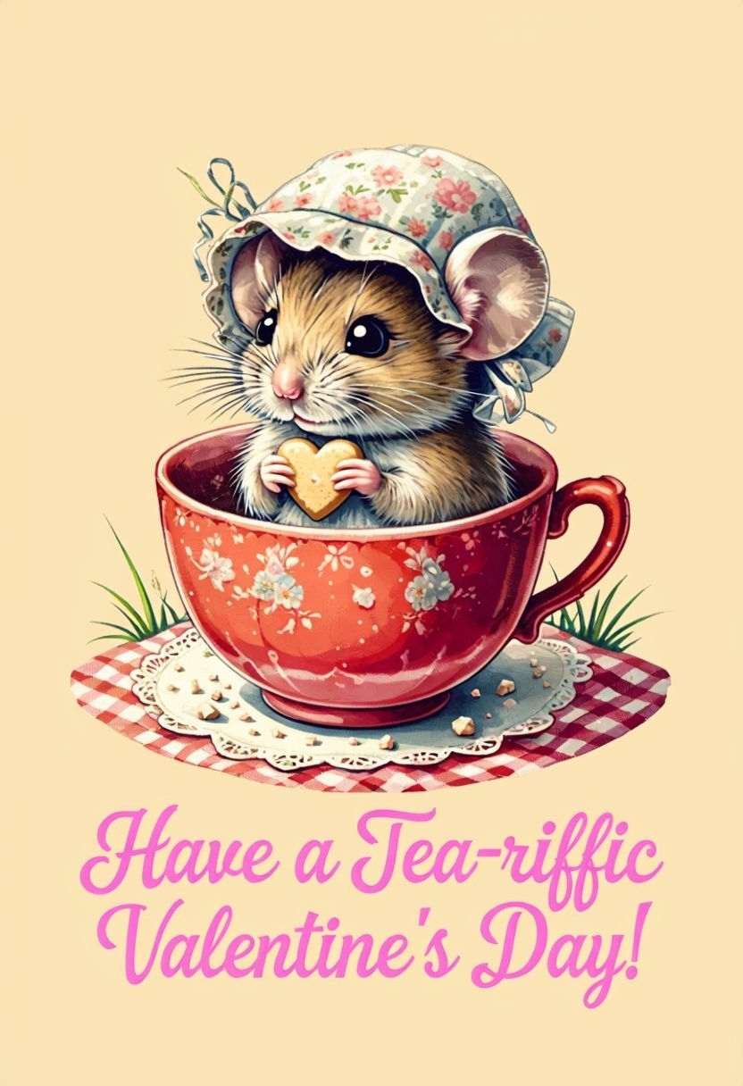 Charming Tiny Mouse in Teacup Valentine’s Day Card Design